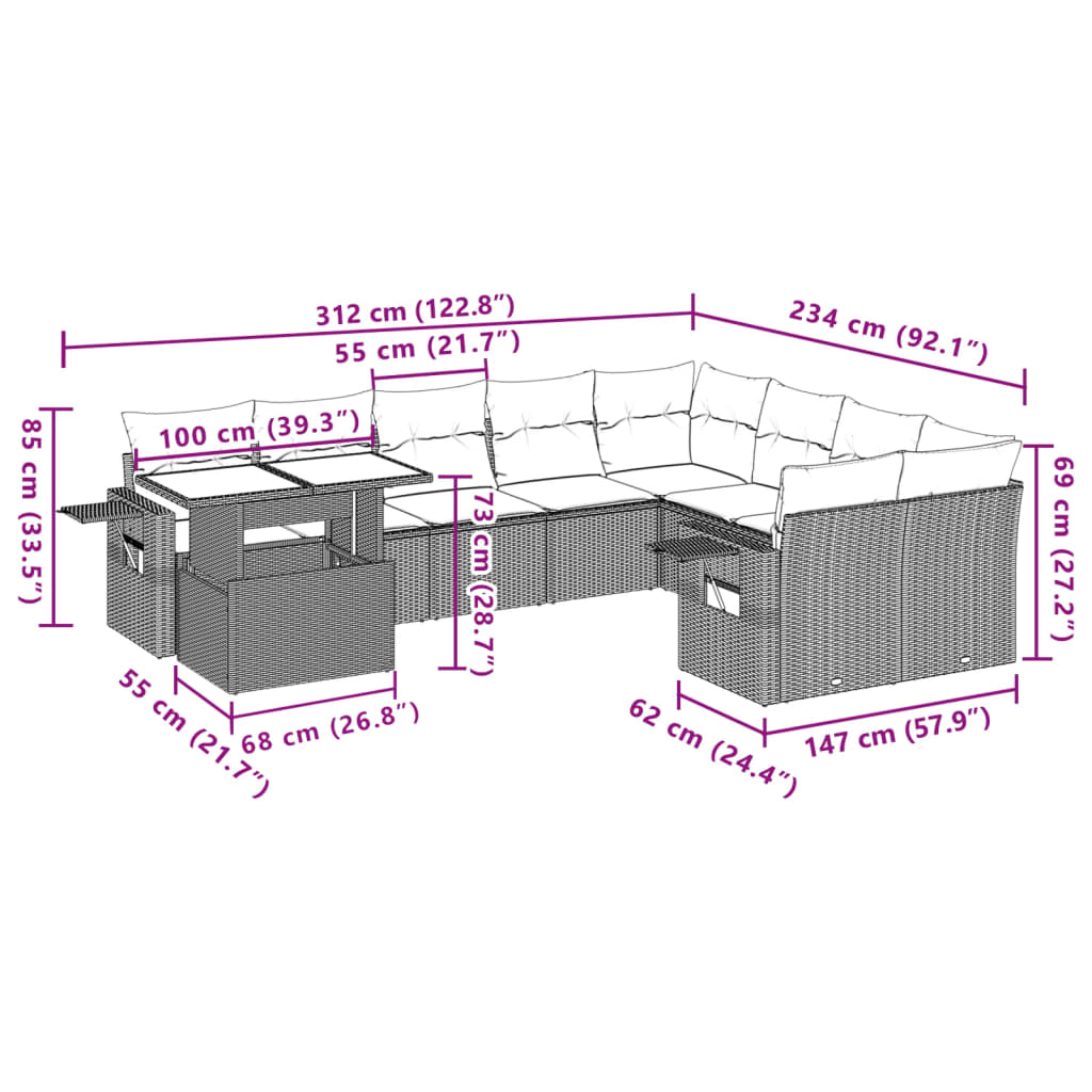 vidaXL 10-tlg. Garten-Sofagarnitur mit Kissen Grau Poly Rattan