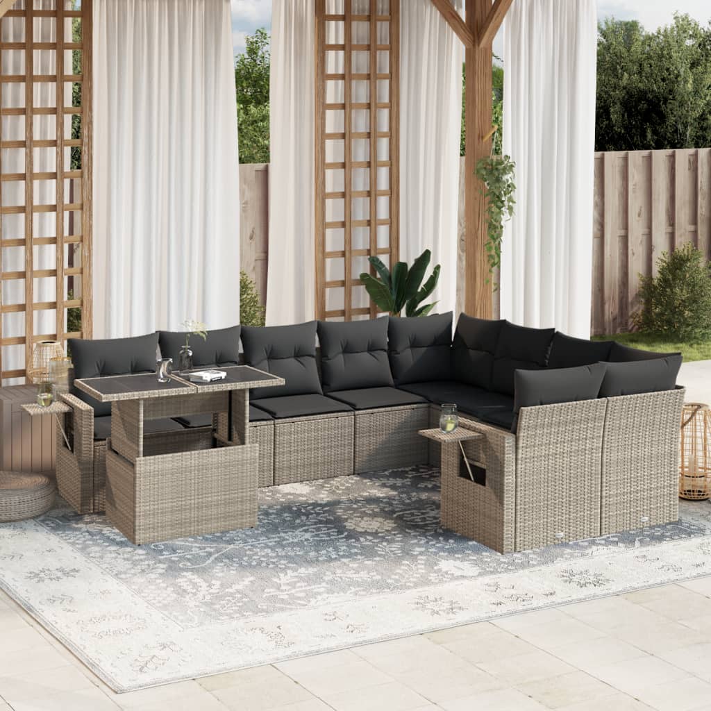 vidaXL 10-tlg. Garten-Sofagarnitur mit Kissen Hellgrau Poly Rattan