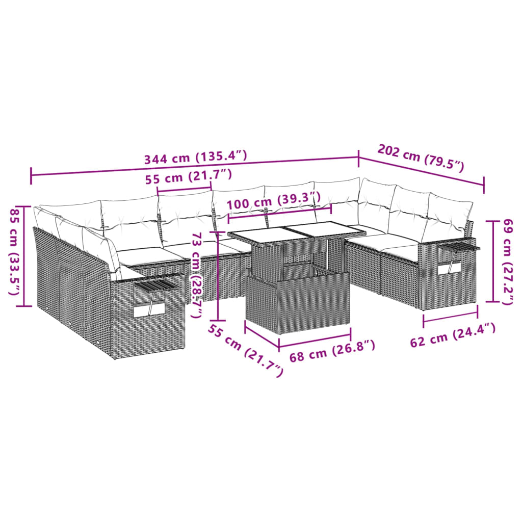 vidaXL 11-tlg. Garten-Sofagarnitur mit Kissen Beige Poly Rattan