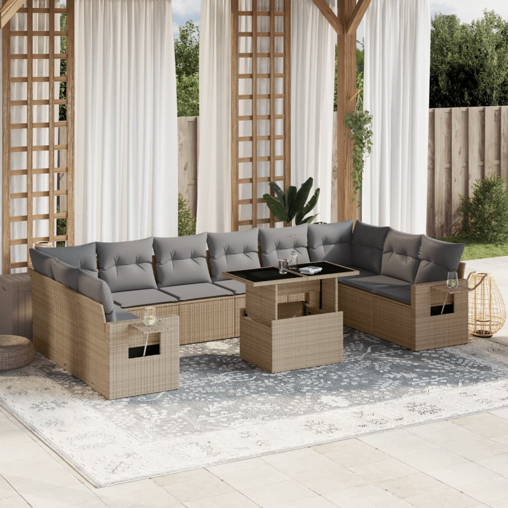 vidaXL 11-tlg. Garten-Sofagarnitur mit Kissen Beige Poly Rattan