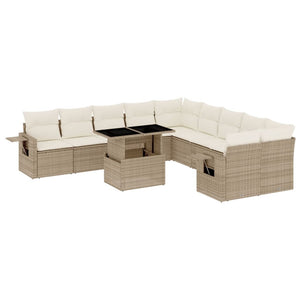 vidaXL 11-tlg. Garten-Sofagarnitur mit Kissen Beige Poly Rattan