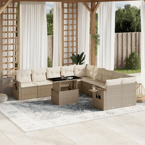 vidaXL 11-tlg. Garten-Sofagarnitur mit Kissen Beige Poly Rattan