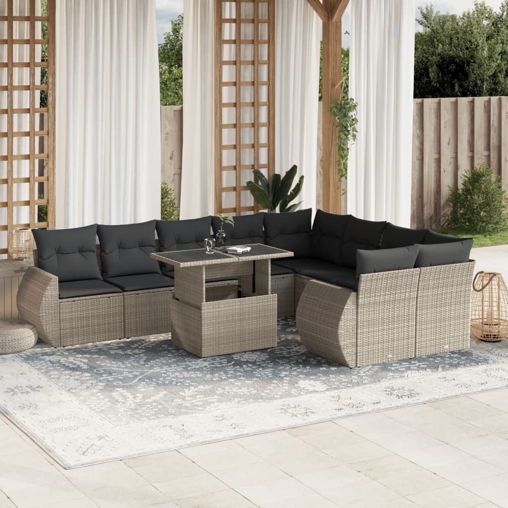 vidaXL 10-tlg. Garten-Sofagarnitur mit Kissen Hellgrau Poly Rattan