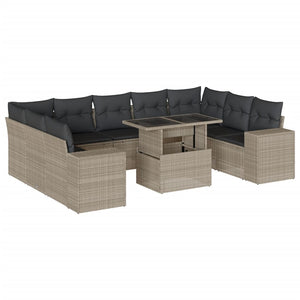 vidaXL 10-tlg. Garten-Sofagarnitur mit Kissen Hellgrau Poly Rattan