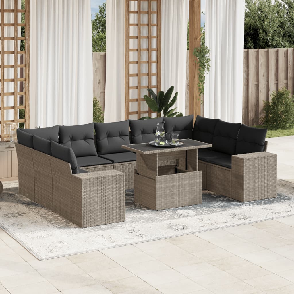 vidaXL 10-tlg. Garten-Sofagarnitur mit Kissen Hellgrau Poly Rattan