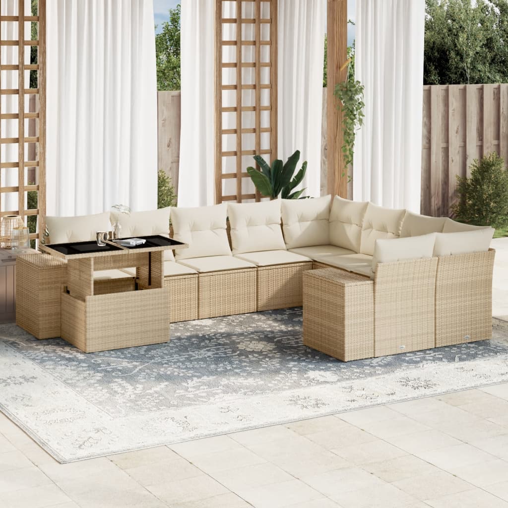 vidaXL 10-tlg. Garten-Sofagarnitur mit Kissen Beige Poly Rattan