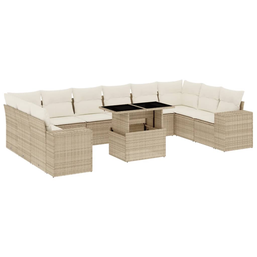 vidaXL 11-tlg. Garten-Sofagarnitur mit Kissen Beige Poly Rattan