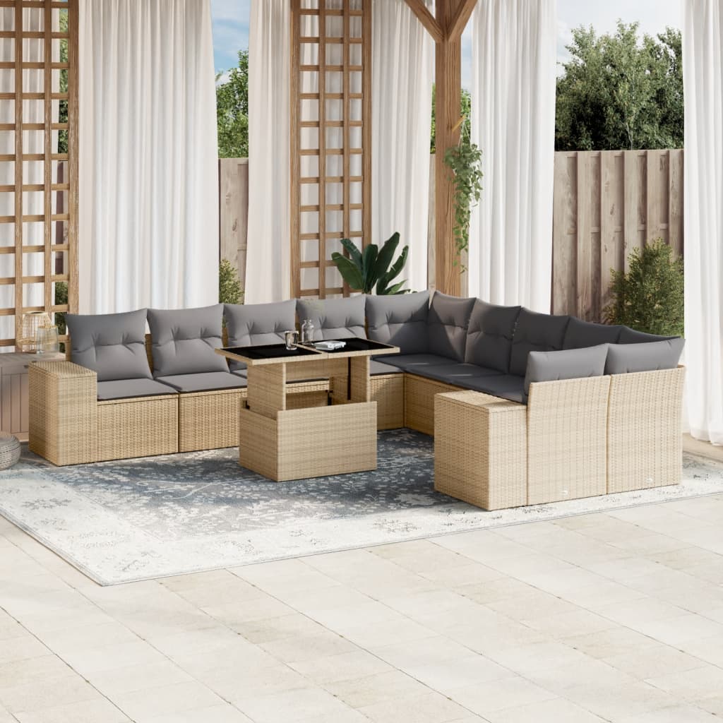 11-tlg. Garten-Sofagarnitur mit Kissen Beige Poly Rattan Stilecasa