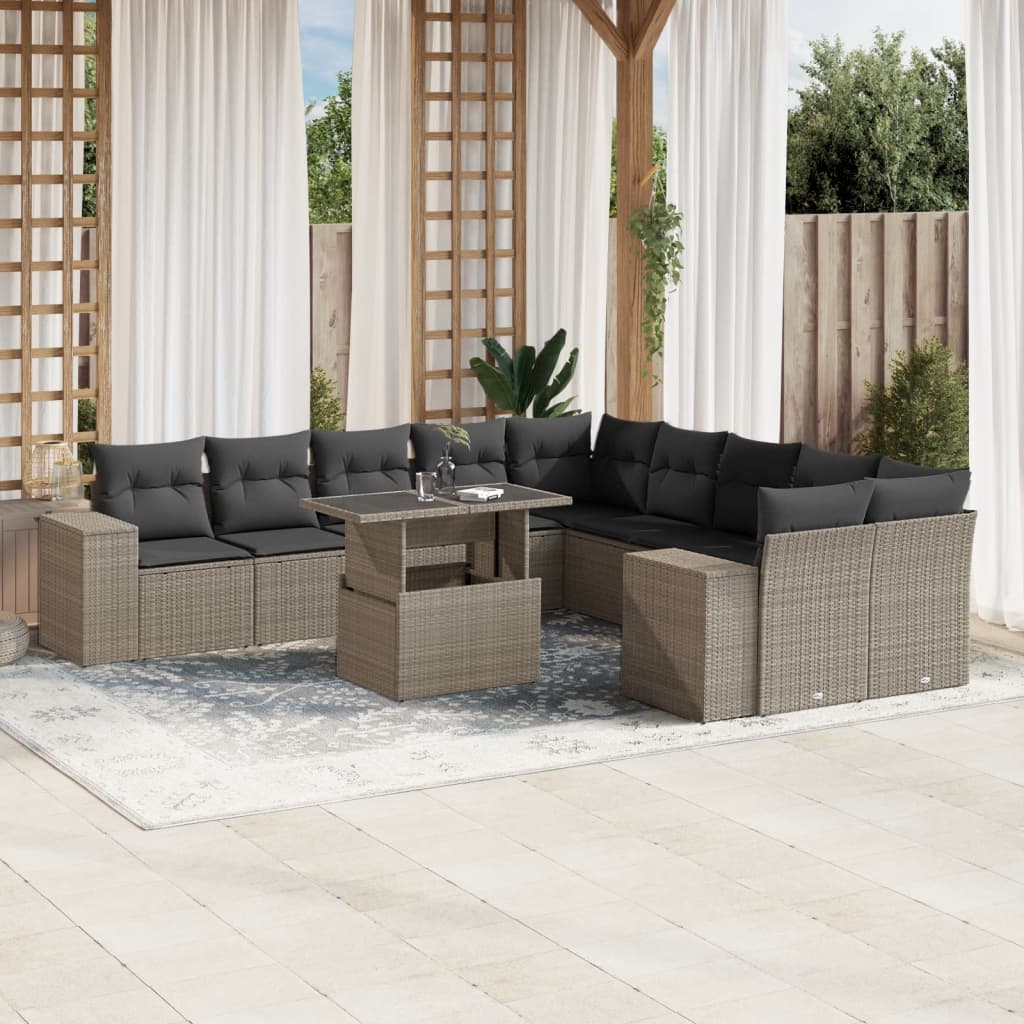 vidaXL 11-tlg. Garten-Sofagarnitur mit Kissen Hellgrau Poly Rattan