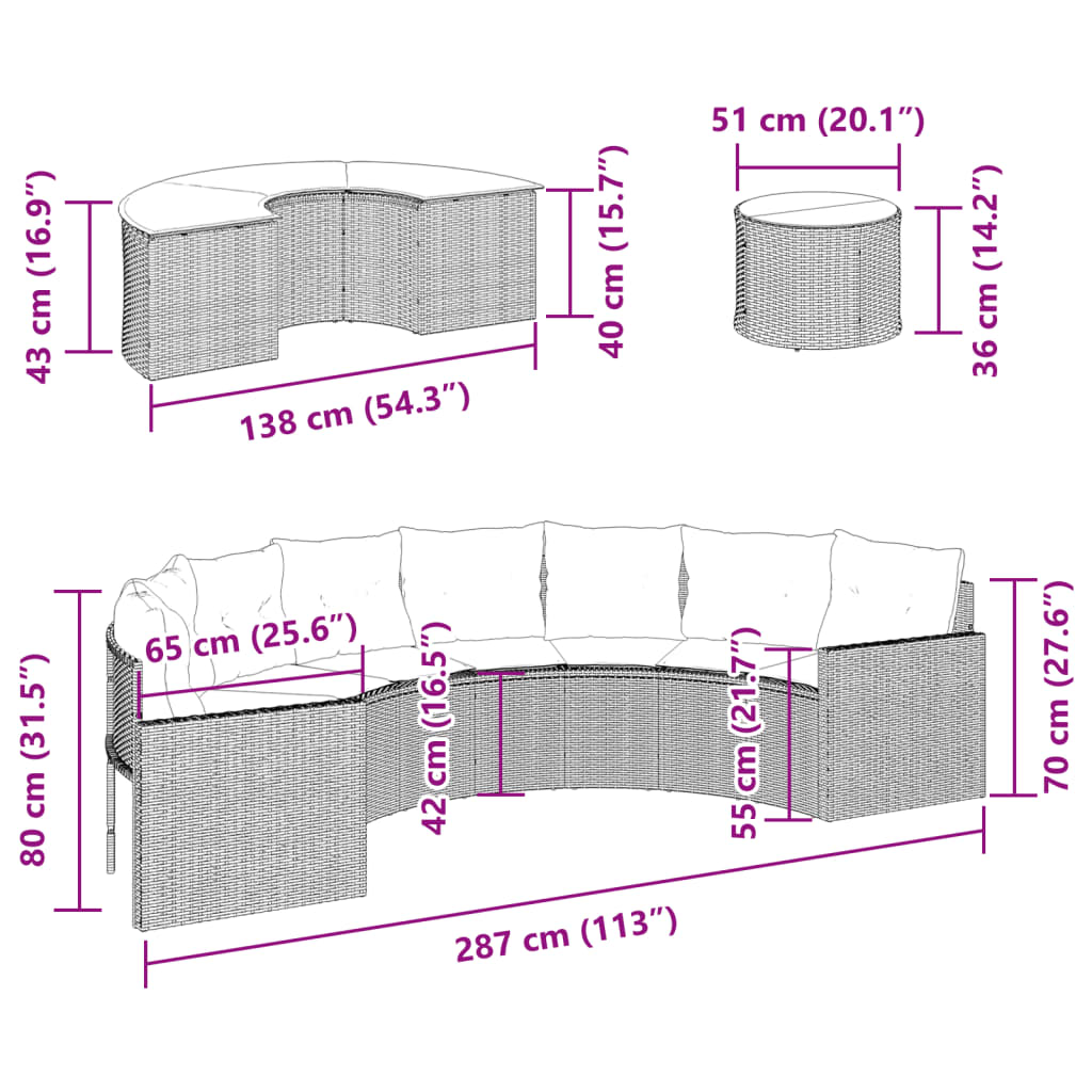 vidaXL 3-tlg. Garten-Sofagarnitur Halbrund Grau Poly Rattan