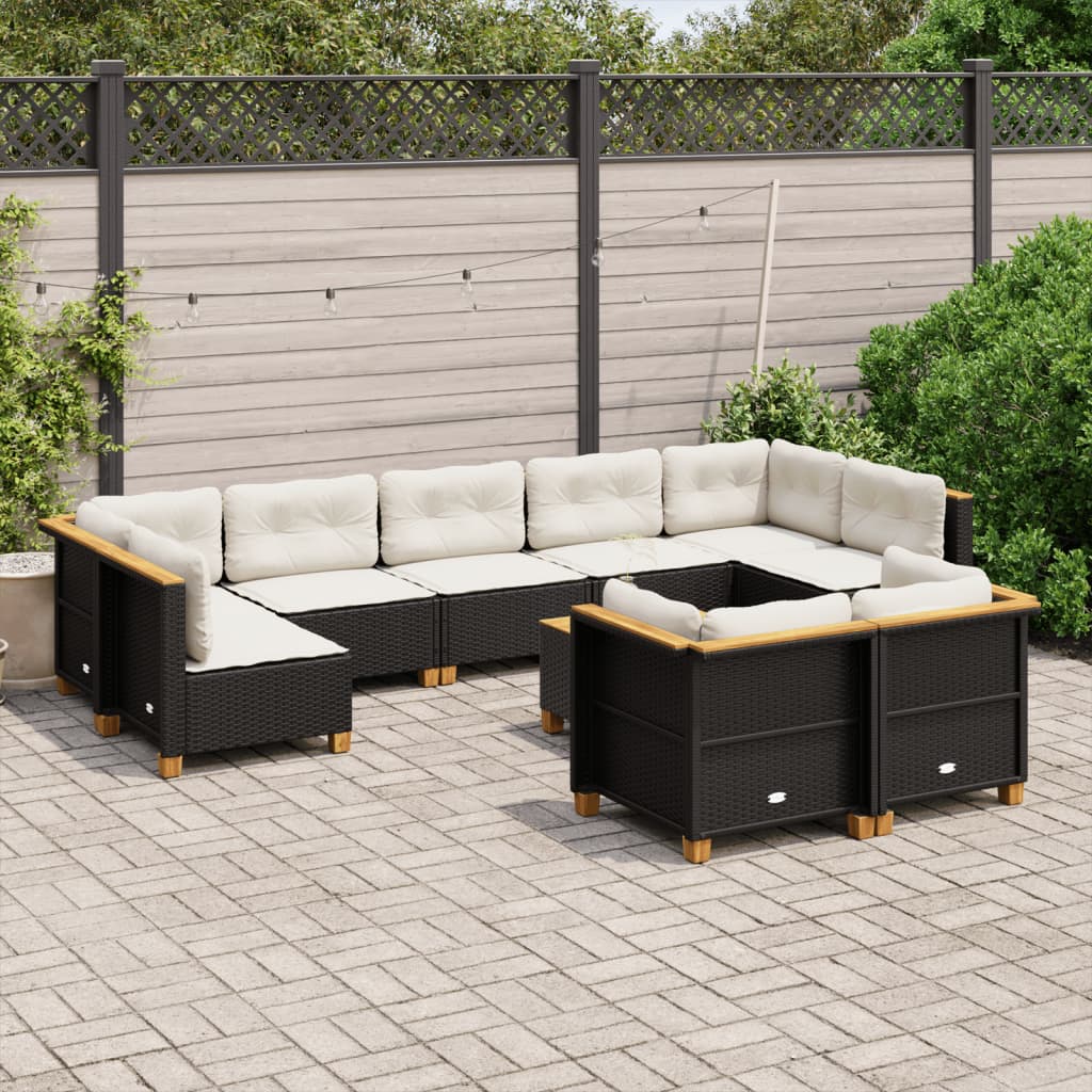 vidaXL 10-tlg. Garten-Sofagarnitur mit Kissen Schwarz Poly Rattan