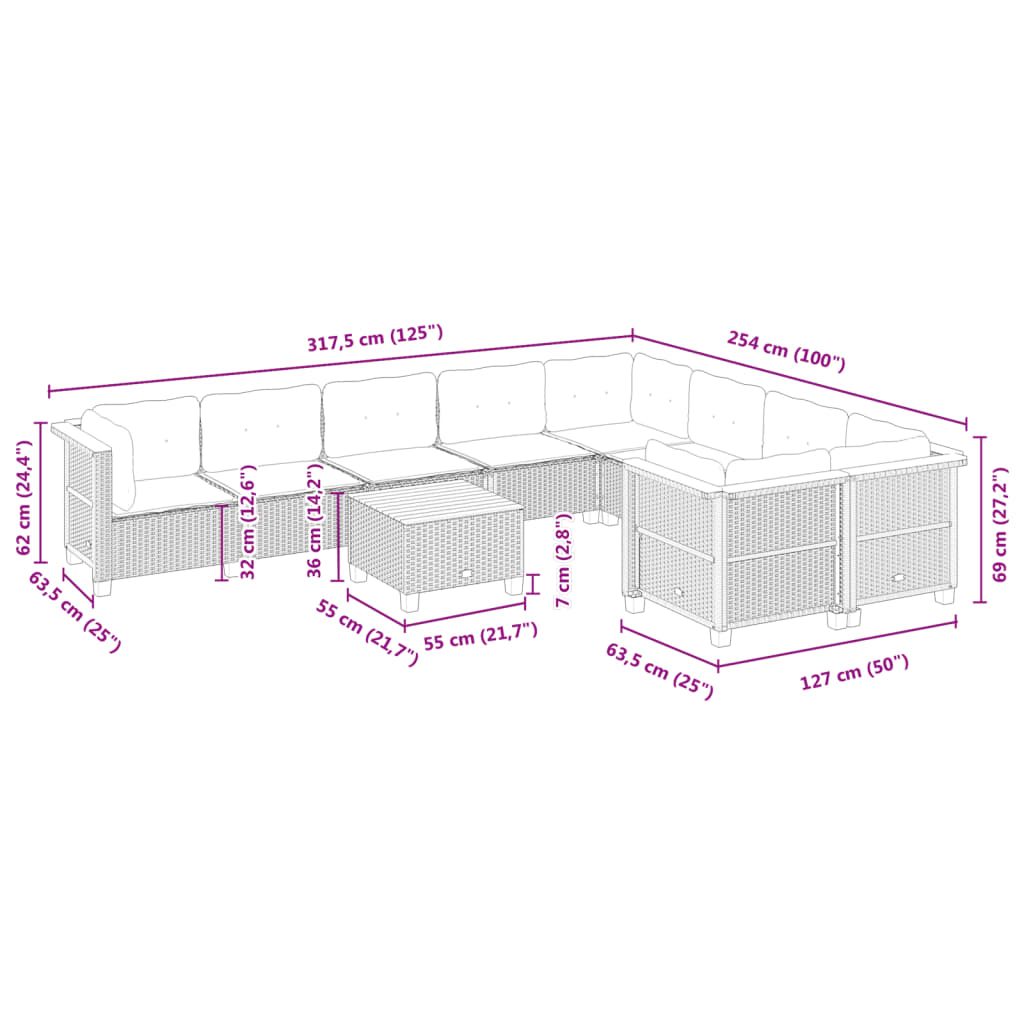 vidaXL 10-tlg. Garten-Sofagarnitur mit Kissen Schwarz Poly Rattan