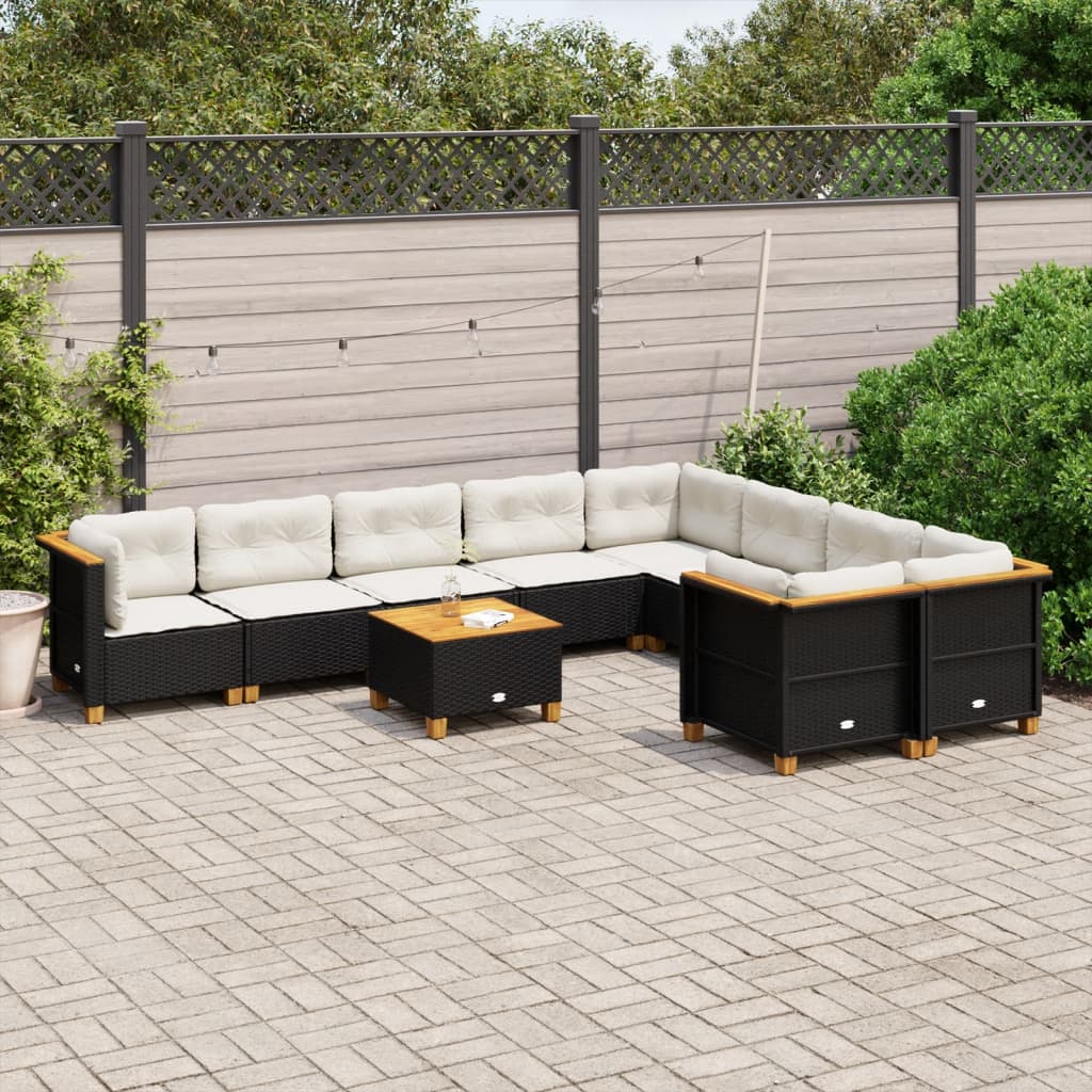 vidaXL 10-tlg. Garten-Sofagarnitur mit Kissen Schwarz Poly Rattan