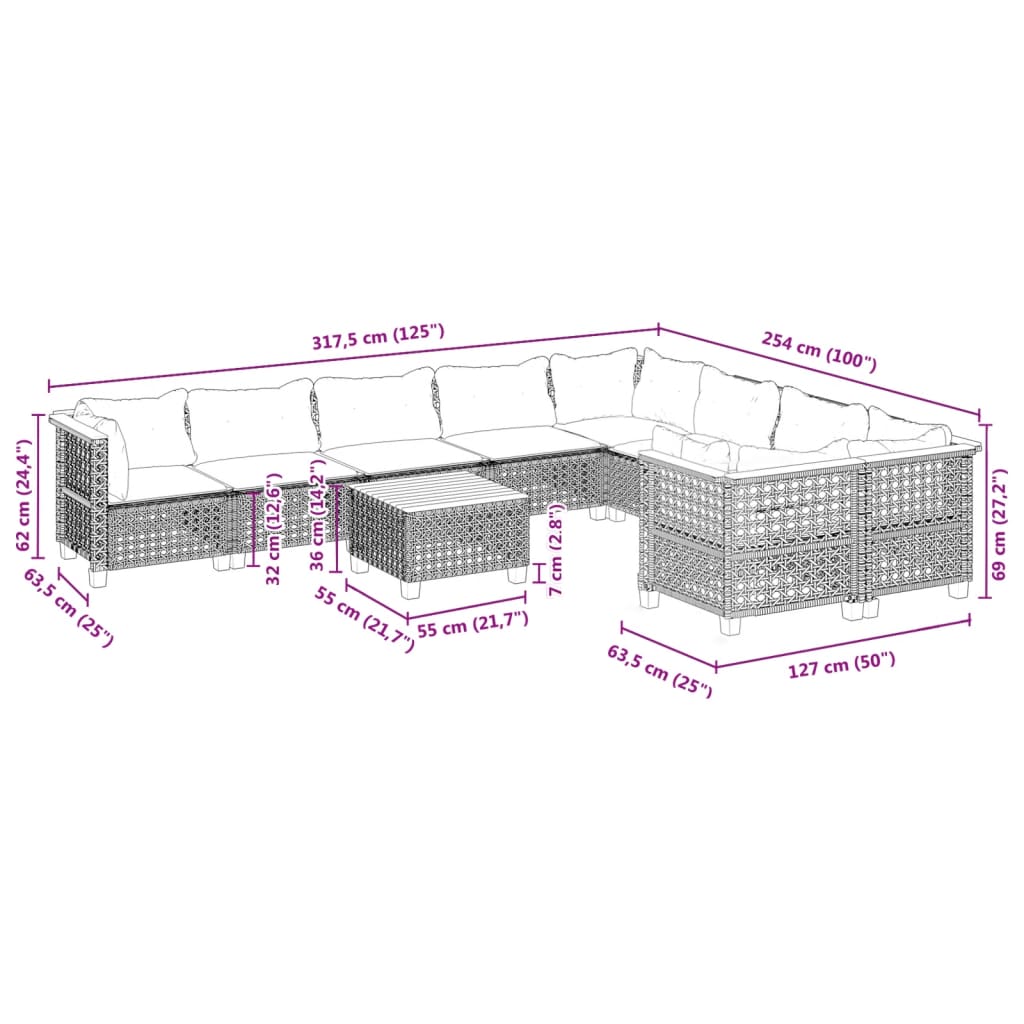 vidaXL 10-tlg. Garten-Sofagarnitur mit Kissen Grau Poly Rattan