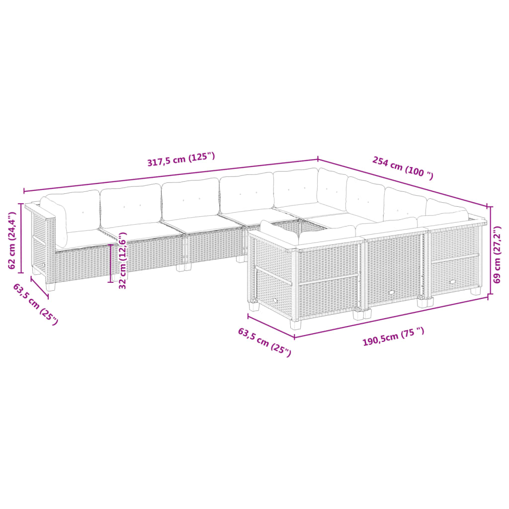 vidaXL 10-tlg. Garten-Sofagarnitur mit Kissen Grau Poly Rattan