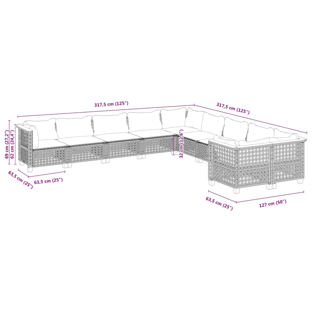 vidaXL 10-tlg. Garten-Sofagarnitur mit Kissen Grau Poly Rattan