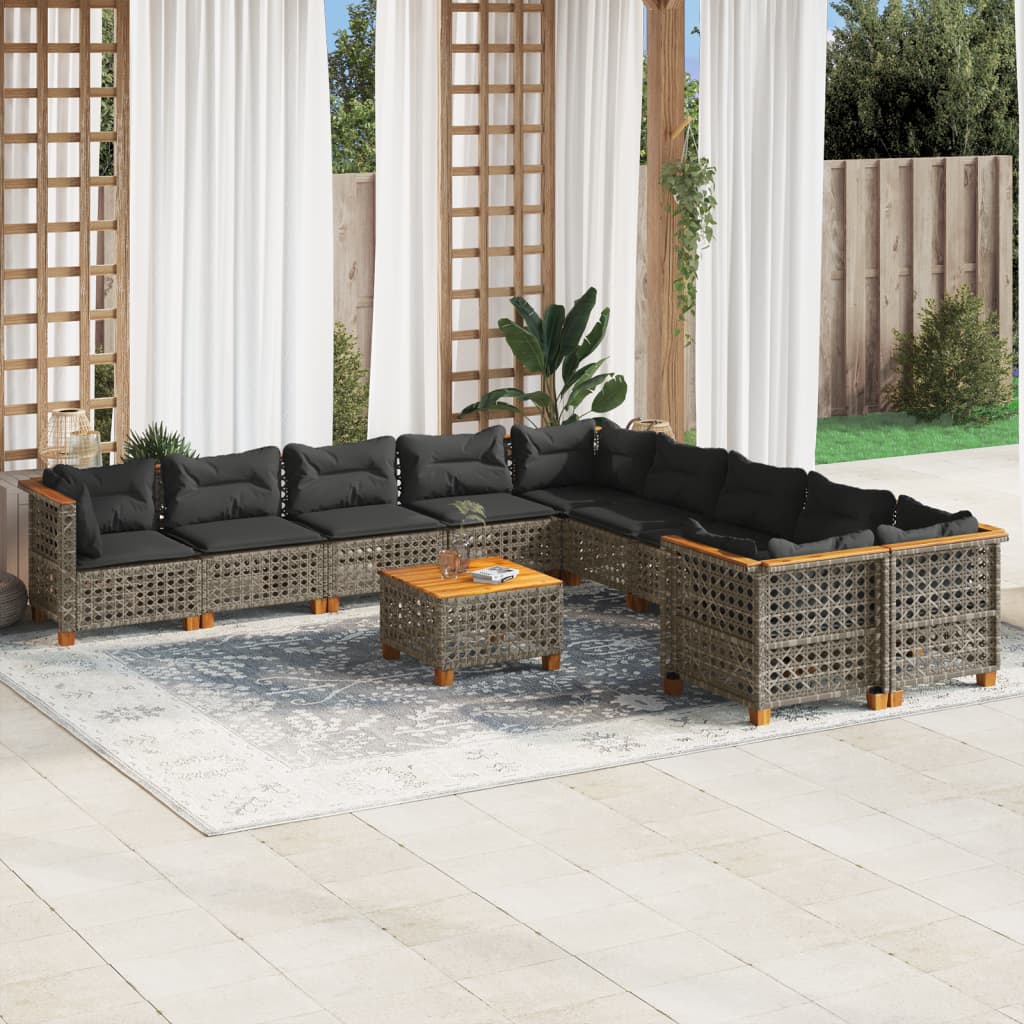 vidaXL 11-tlg. Garten-Sofagarnitur mit Kissen Grau Poly Rattan