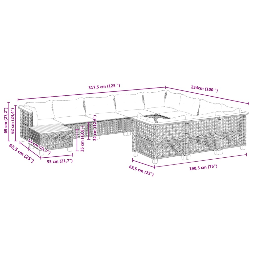 vidaXL 11-tlg. Garten-Sofagarnitur mit Kissen Schwarz Poly Rattan