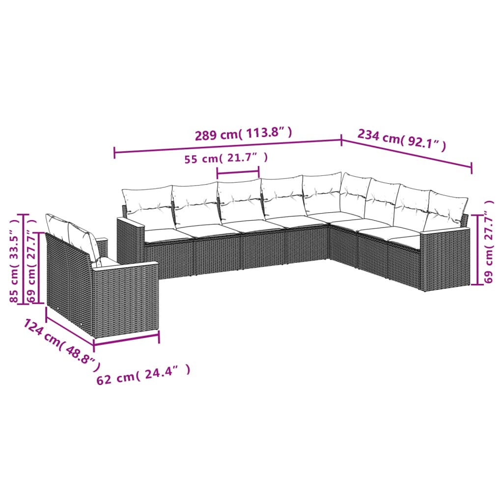 vidaXL 10-tlg. Garten-Sofagarnitur mit Kissen Schwarz Poly Rattan