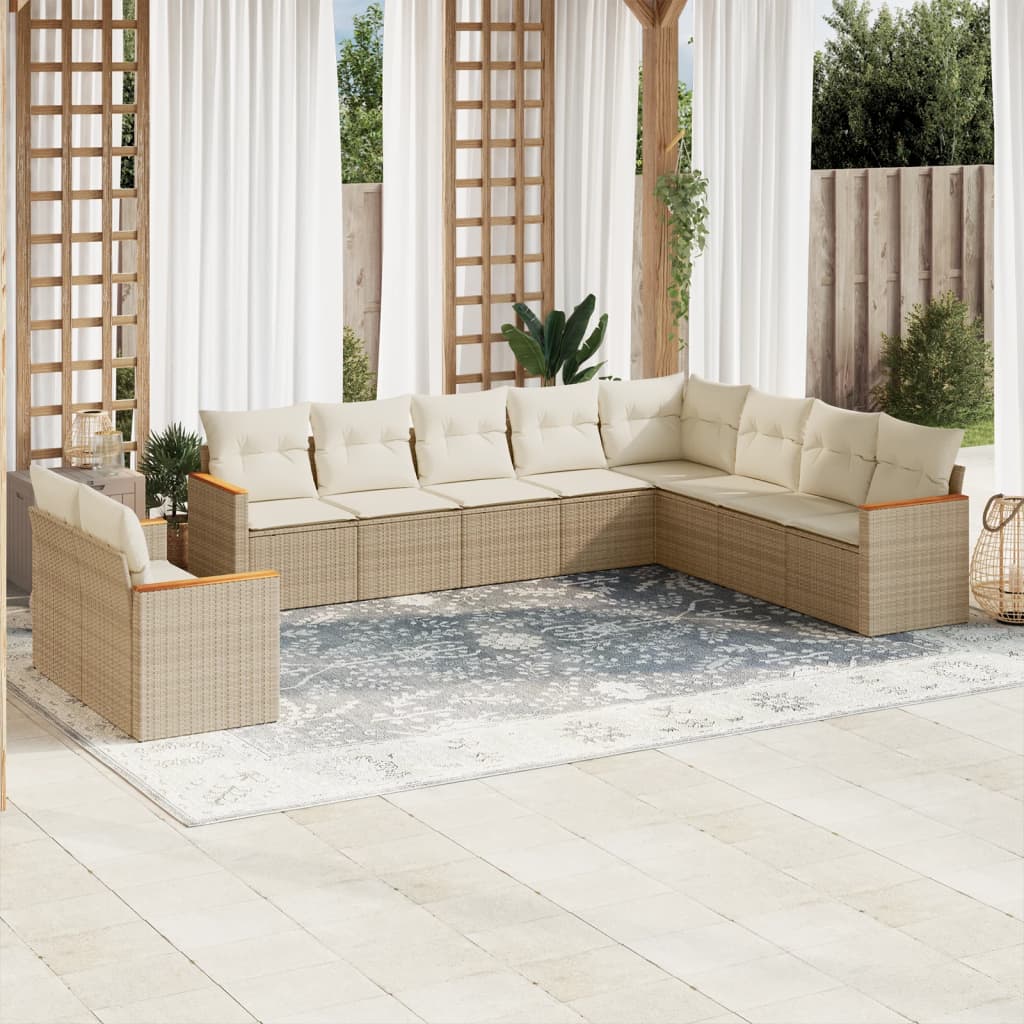 vidaXL 10-tlg. Garten-Sofagarnitur mit Kissen Beige Poly Rattan