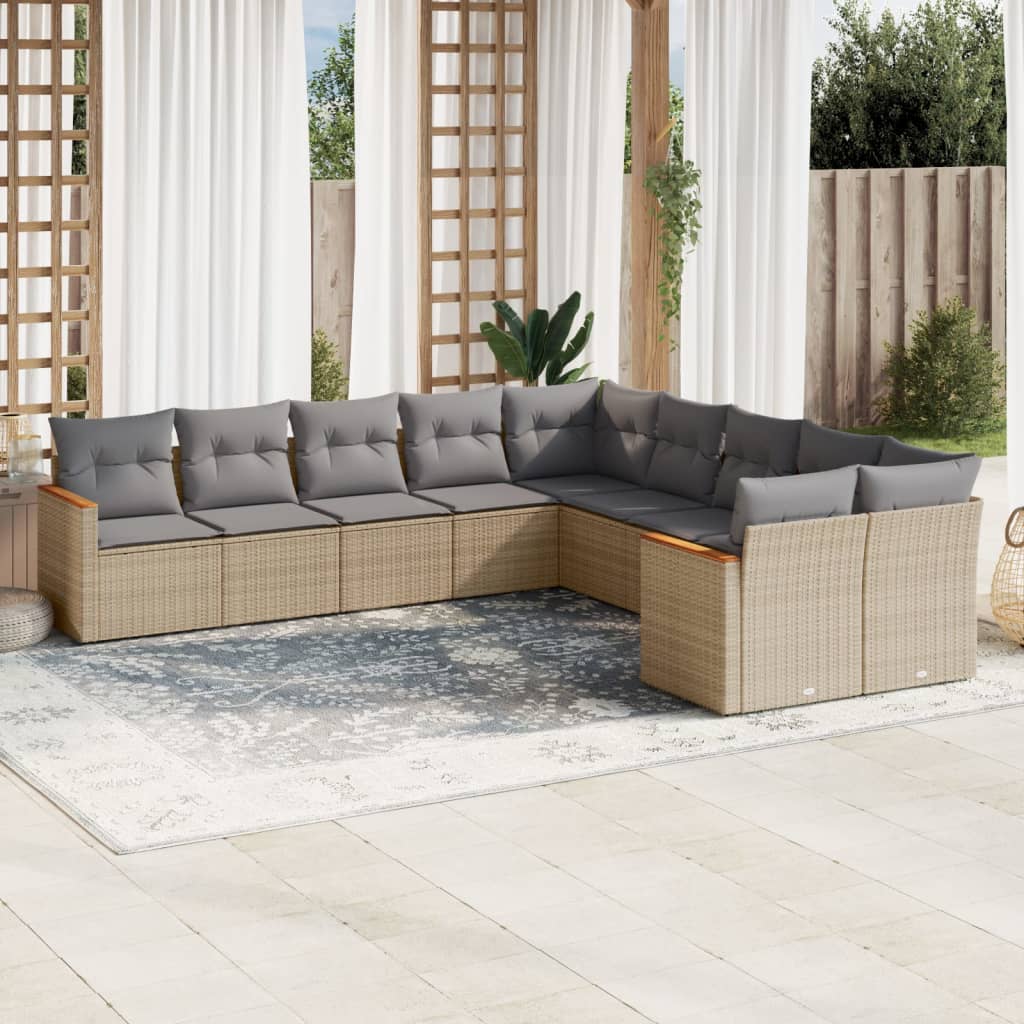 vidaXL 10-tlg. Garten-Sofagarnitur mit Kissen Beige Poly Rattan