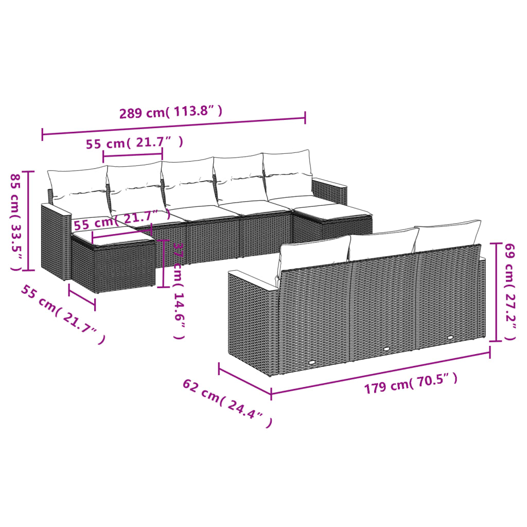 vidaXL 10-tlg. Garten-Sofagarnitur mit Kissen Beige Poly Rattan