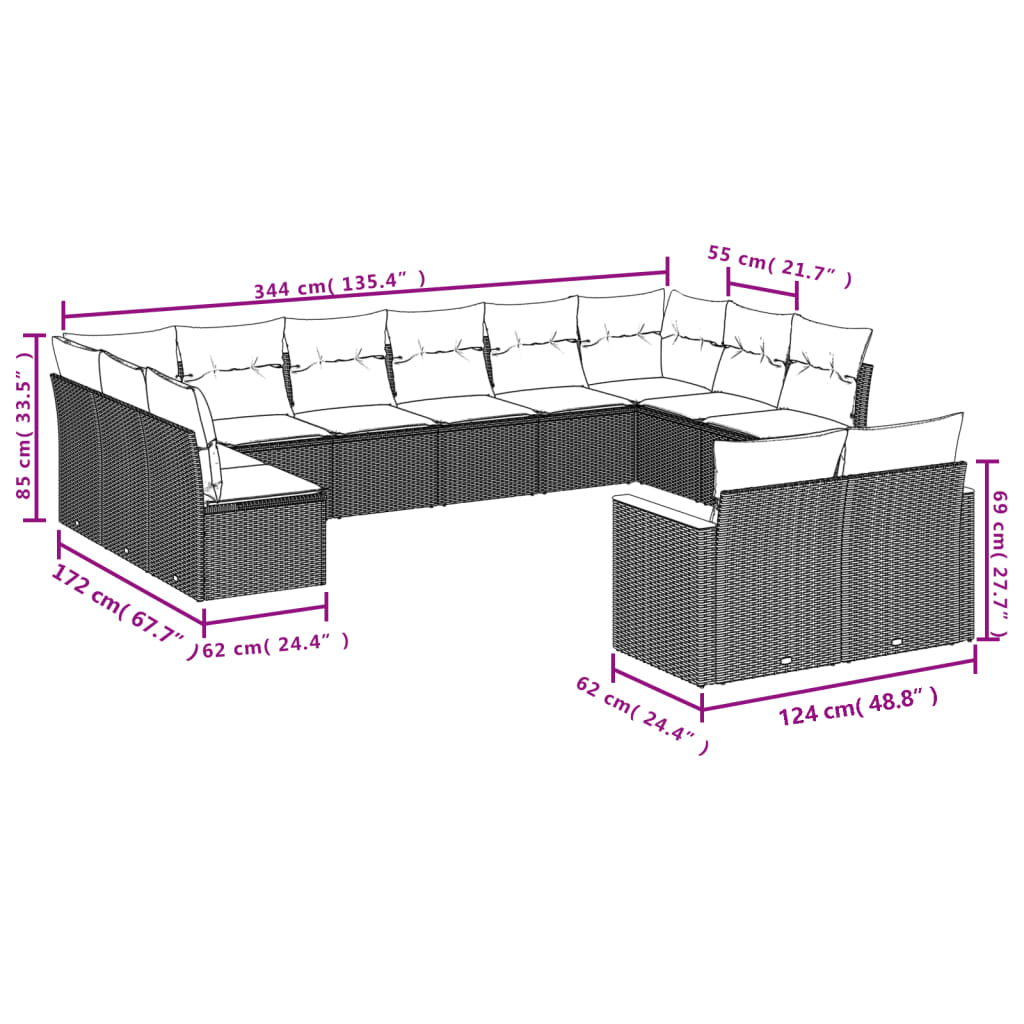 vidaXL 12-tlg. Garten-Sofagarnitur mit Kissen Grau Poly Rattan