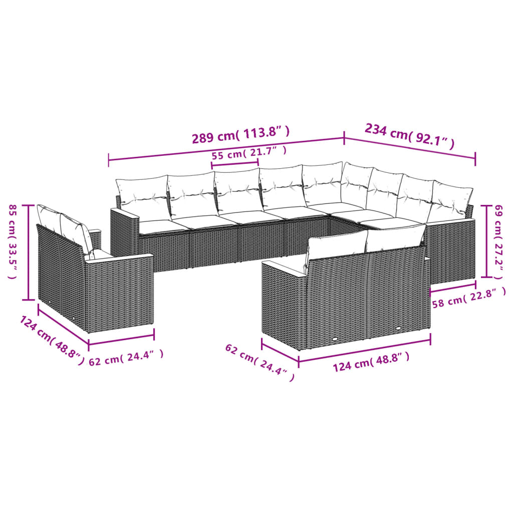 vidaXL 12-tlg. Garten-Sofagarnitur mit Kissen Beige Poly Rattan