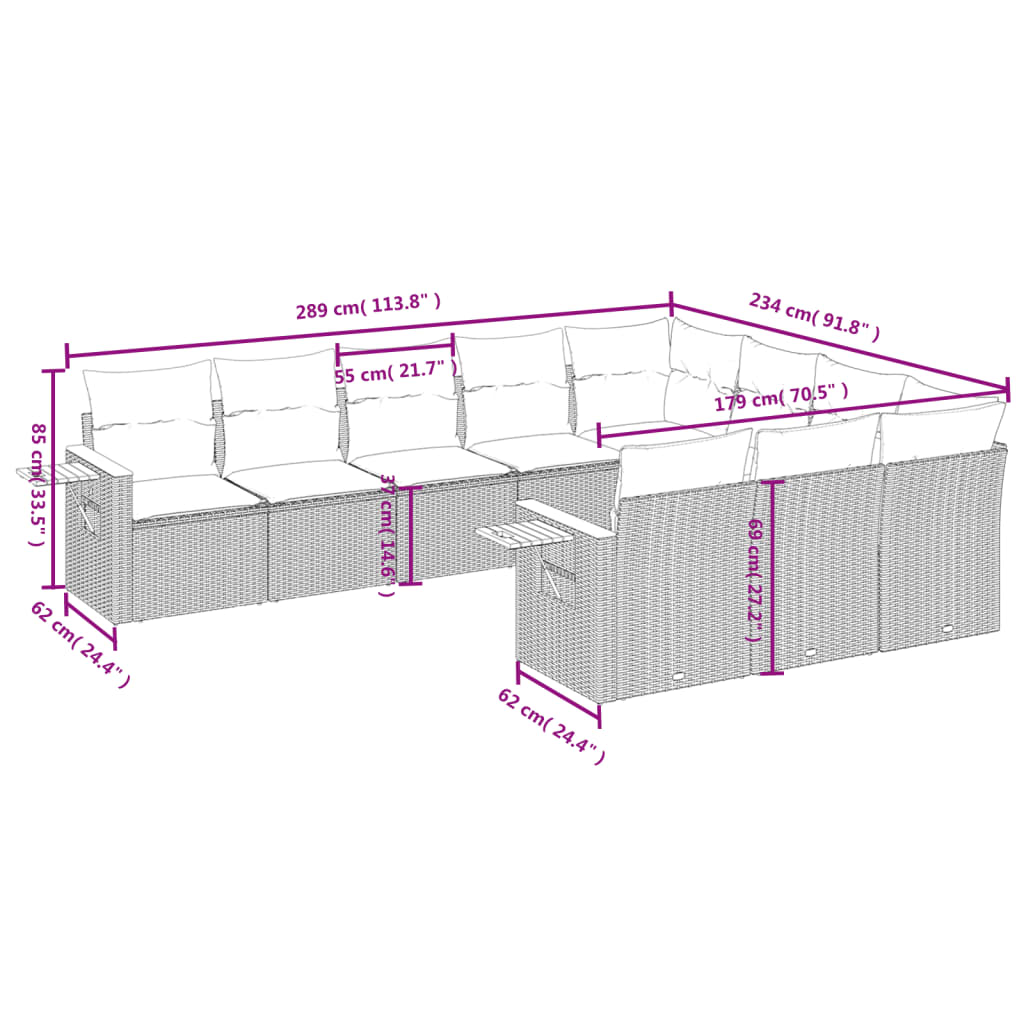 vidaXL 10-tlg. Garten-Sofagarnitur mit Kissen Schwarz Poly Rattan