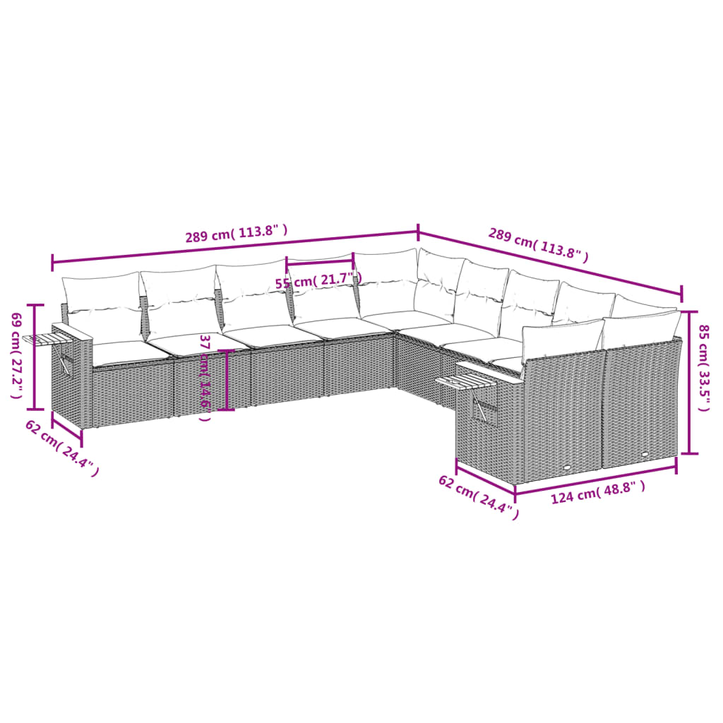 vidaXL 10-tlg. Garten-Sofagarnitur mit Kissen Schwarz Poly Rattan