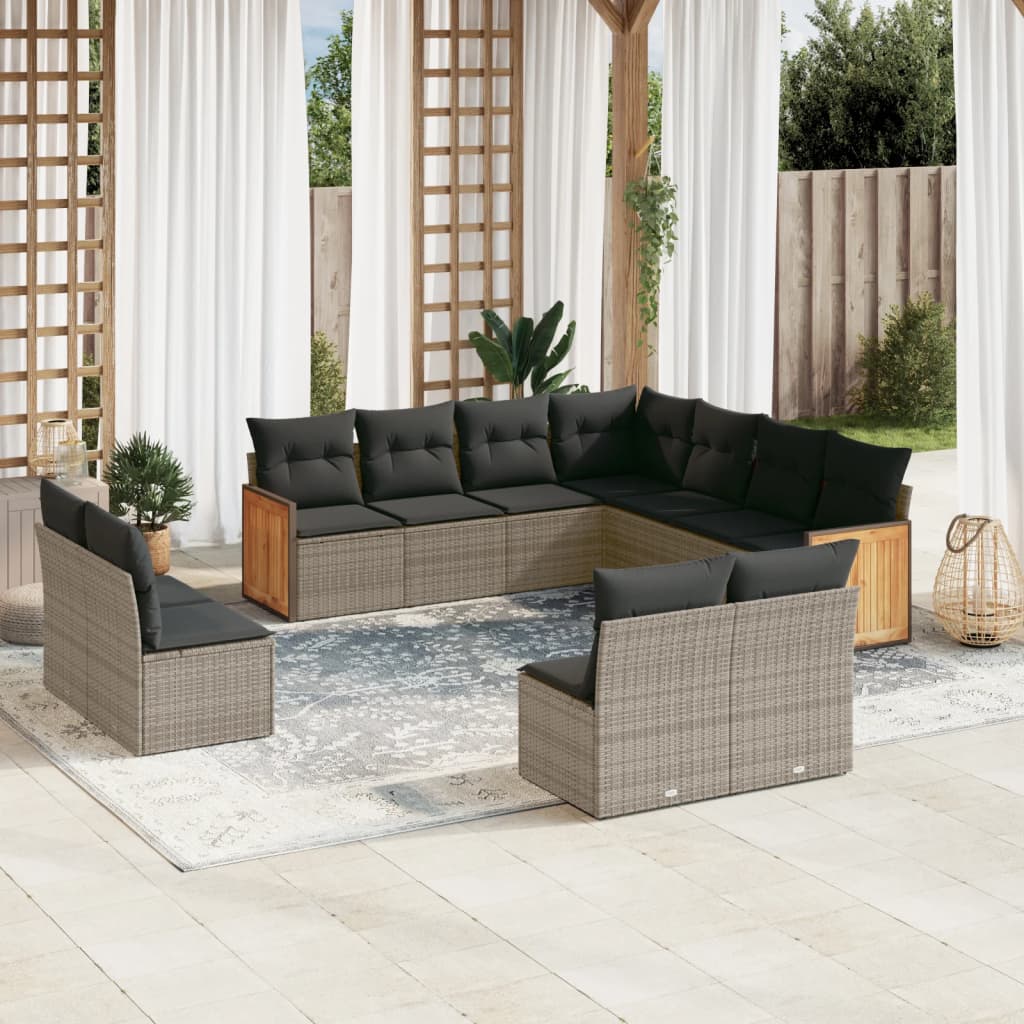 vidaXL 11-tlg. Garten-Sofagarnitur mit Kissen Grau Poly Rattan