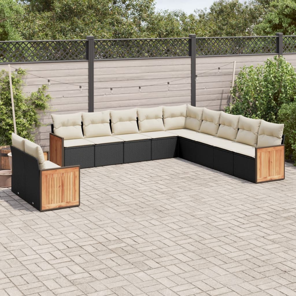 vidaXL 11-tlg. Garten-Sofagarnitur mit Kissen Schwarz Poly Rattan