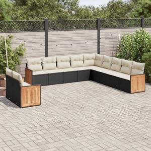 vidaXL 11-tlg. Garten-Sofagarnitur mit Kissen Schwarz Poly Rattan