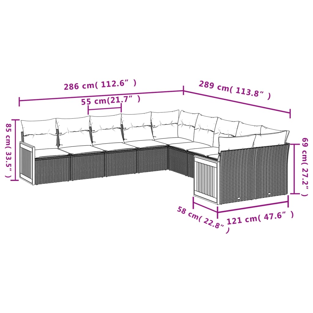 vidaXL 10-tlg. Garten-Sofagarnitur mit Kissen Beige Poly Rattan