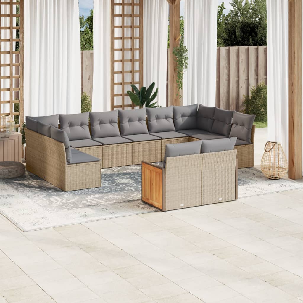 vidaXL 12-tlg. Garten-Sofagarnitur mit Kissen Beige Poly Rattan