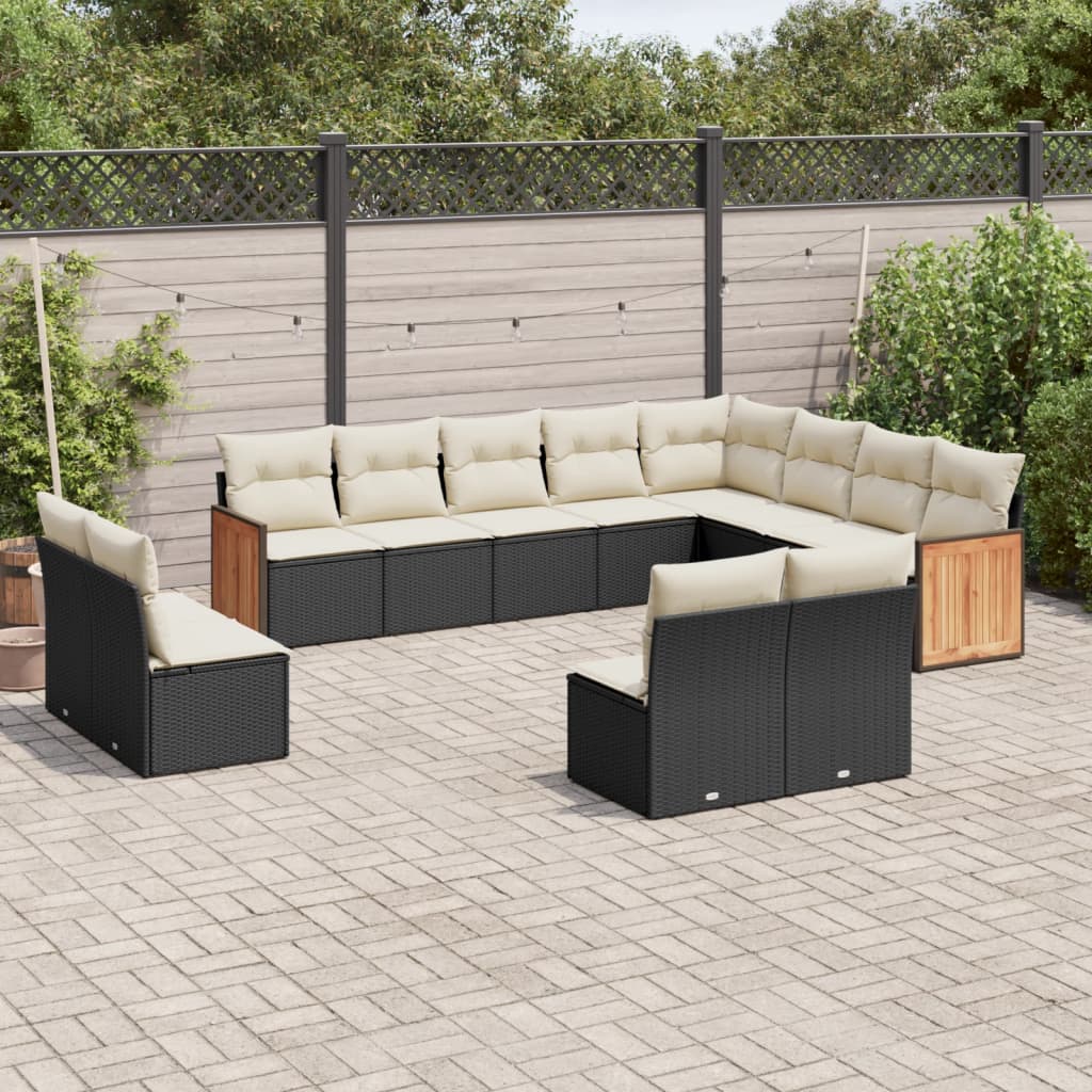 vidaXL 12-tlg. Garten-Sofagarnitur mit Kissen Schwarz Poly Rattan