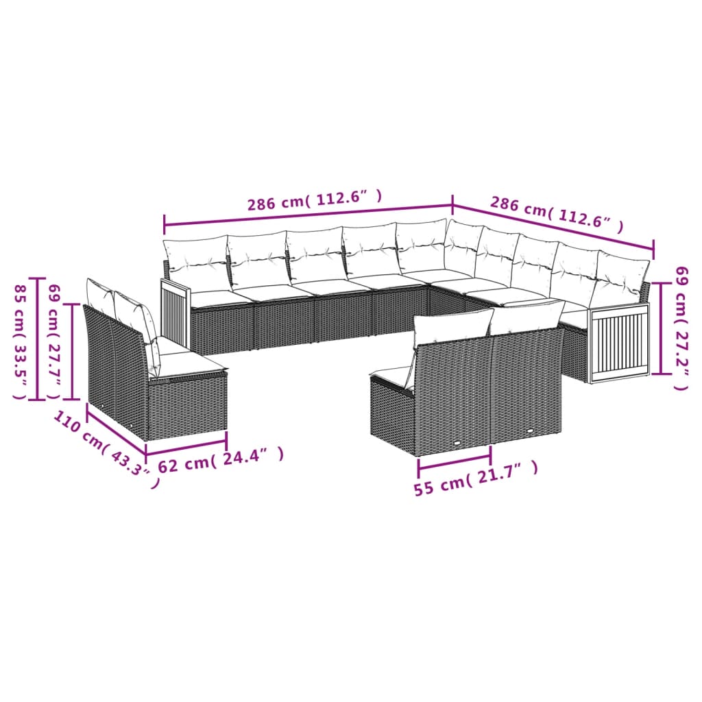 13-tlg. Garten-Sofagarnitur mit Kissen Schwarz Poly Rattan Stilecasa