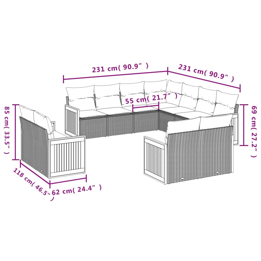 vidaXL 11-tlg. Garten-Sofagarnitur mit Kissen Schwarz Poly Rattan