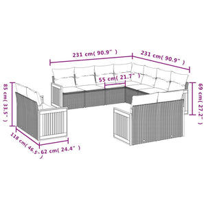 vidaXL 11-tlg. Garten-Sofagarnitur mit Kissen Schwarz Poly Rattan