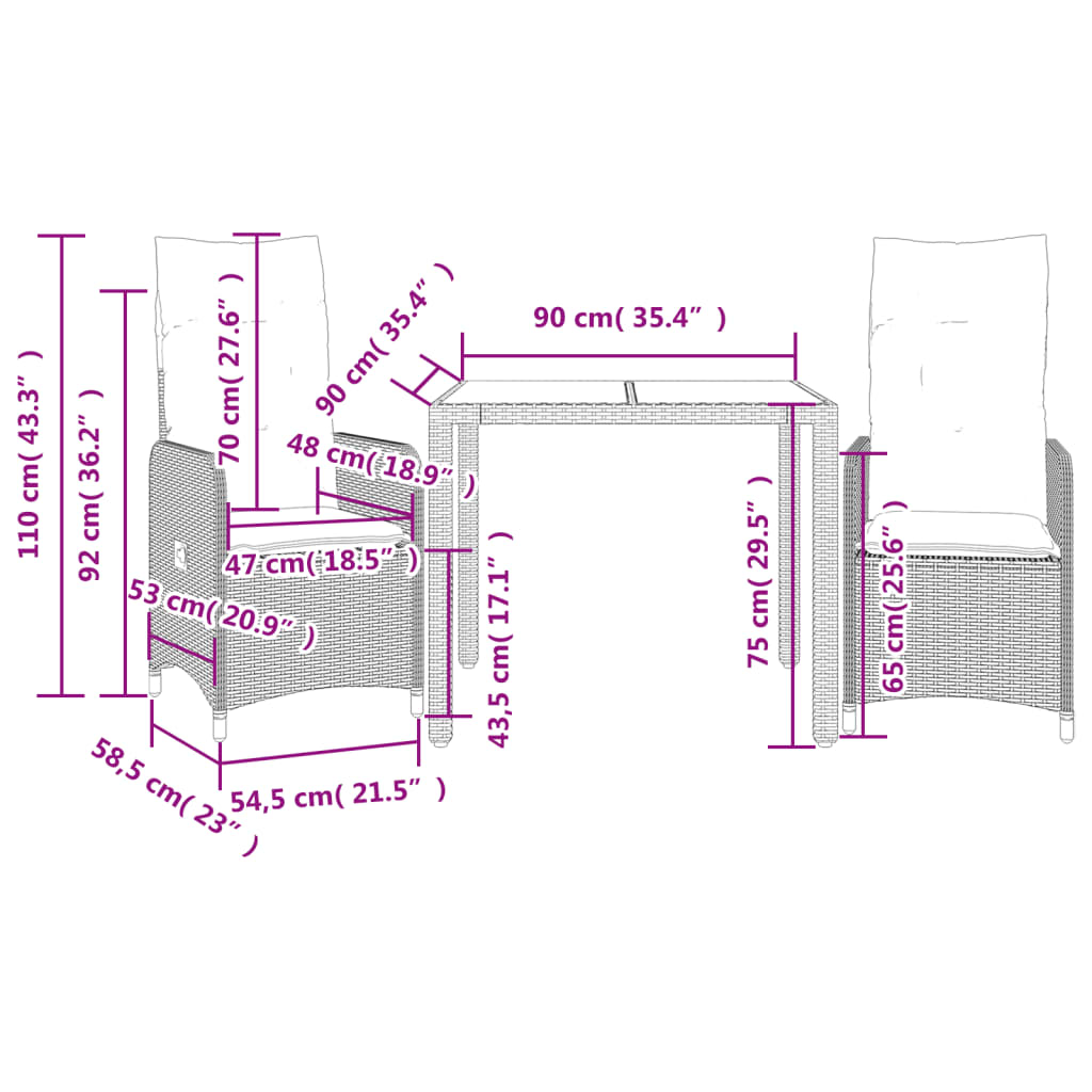 3-tlg. Garten-Bistro-Set mit Kissen Grau Poly Rattan Stilecasa