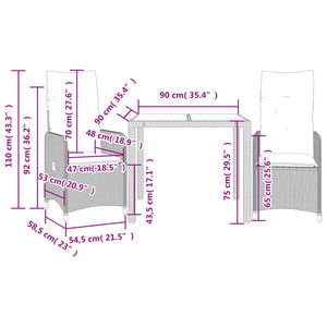 3-tlg. Garten-Bistro-Set mit Kissen Grau Poly Rattan Stilecasa