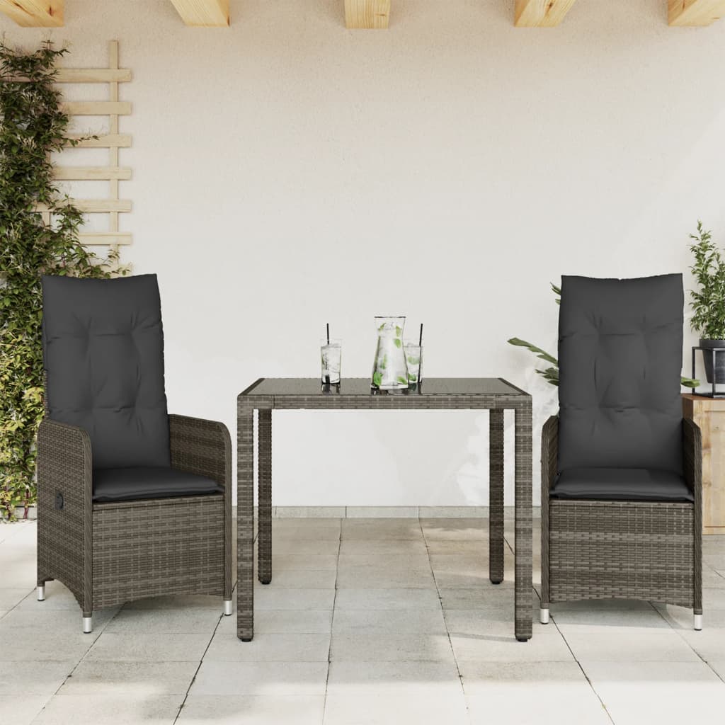 3-tlg. Garten-Bistro-Set mit Kissen Grau Poly Rattan Stilecasa