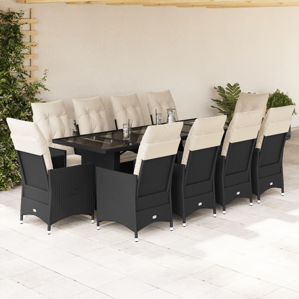 vidaXL 11-tlg. Garten-Bistro-Set mit Kissen Schwarz Poly Rattan