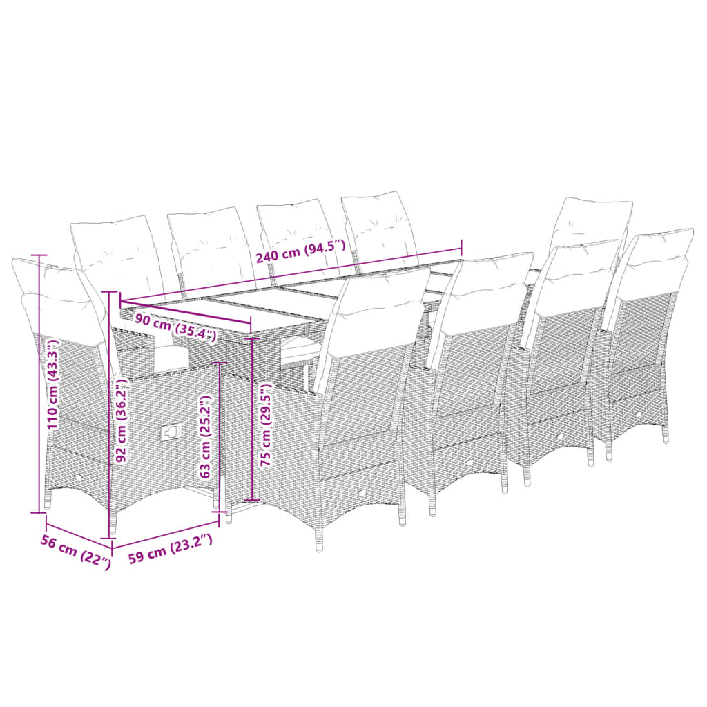 vidaXL 11-tlg. Garten-Bistro-Set mit Kissen Braun Poly Rattan