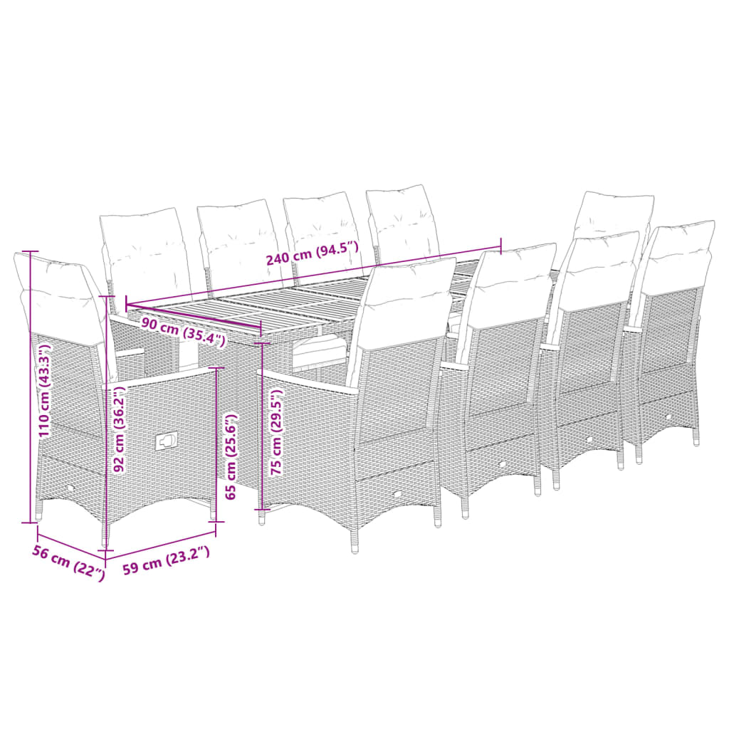 vidaXL 11-tlg. Garten-Bistro-Set mit Kissen Grau Poly Rattan