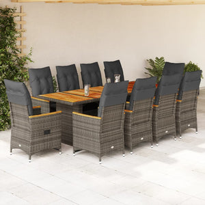 vidaXL 11-tlg. Garten-Bistro-Set mit Kissen Grau Poly Rattan