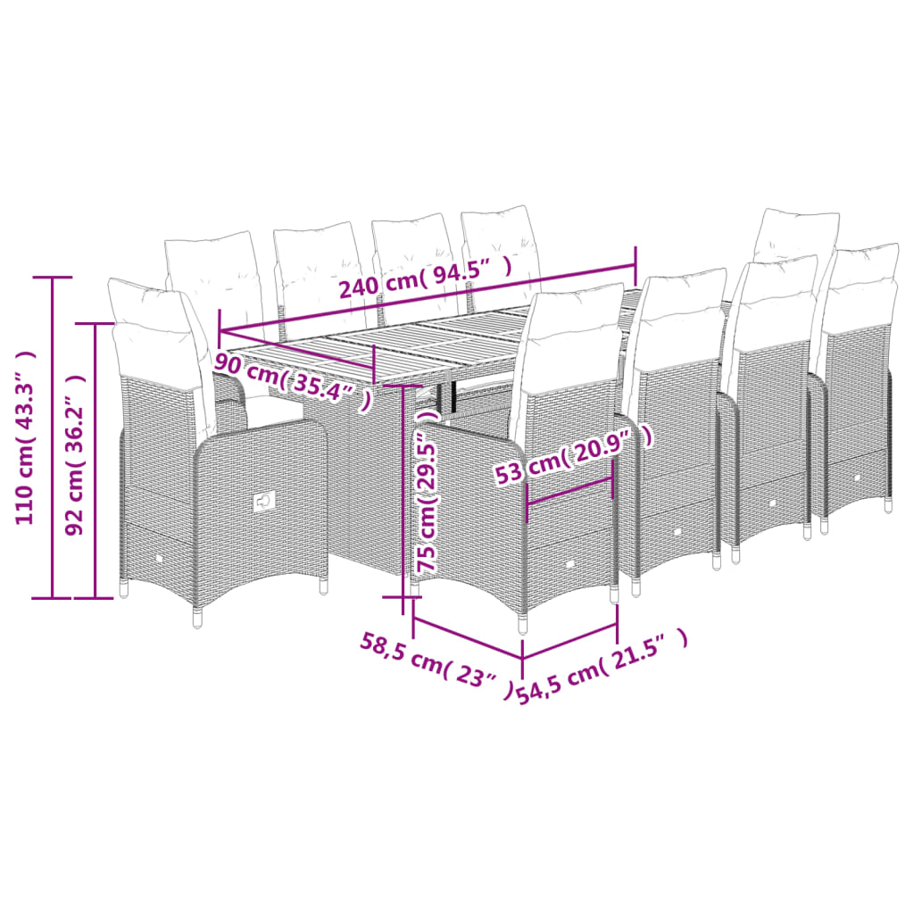 vidaXL 11-tlg. Garten-Bistro-Set mit Kissen Schwarz Poly Rattan