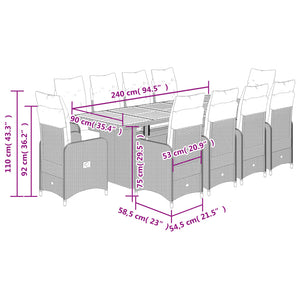 vidaXL 11-tlg. Garten-Bistro-Set mit Kissen Schwarz Poly Rattan