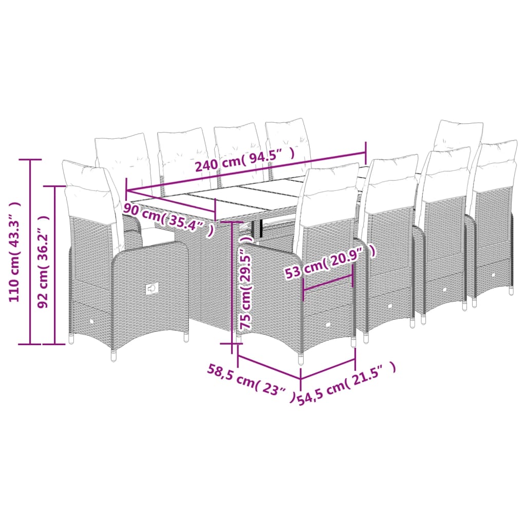 vidaXL 11-tlg. Garten-Bistro-Set mit Kissen Braun Poly Rattan