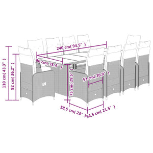 vidaXL 11-tlg. Garten-Bistro-Set mit Kissen Braun Poly Rattan